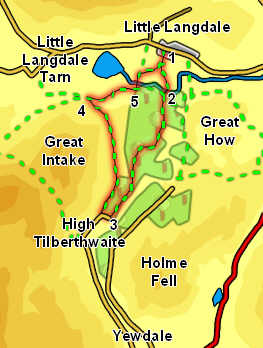 Map for walk from Little Langdale to Tilberthwaite 